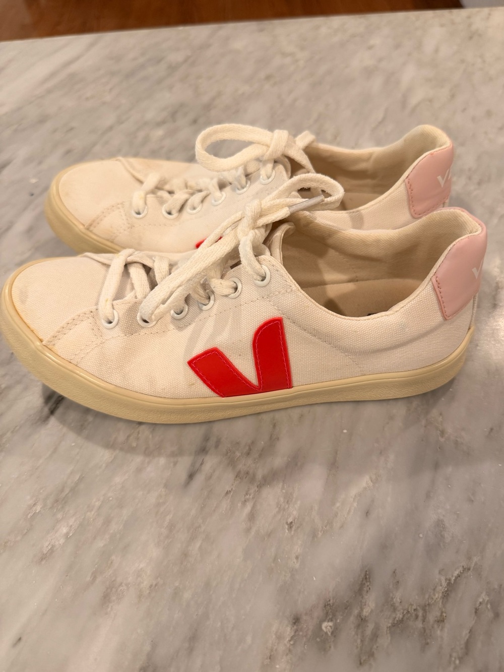 Veja White Canvas Sneaker with deep pink V and Light pink Heel Tab